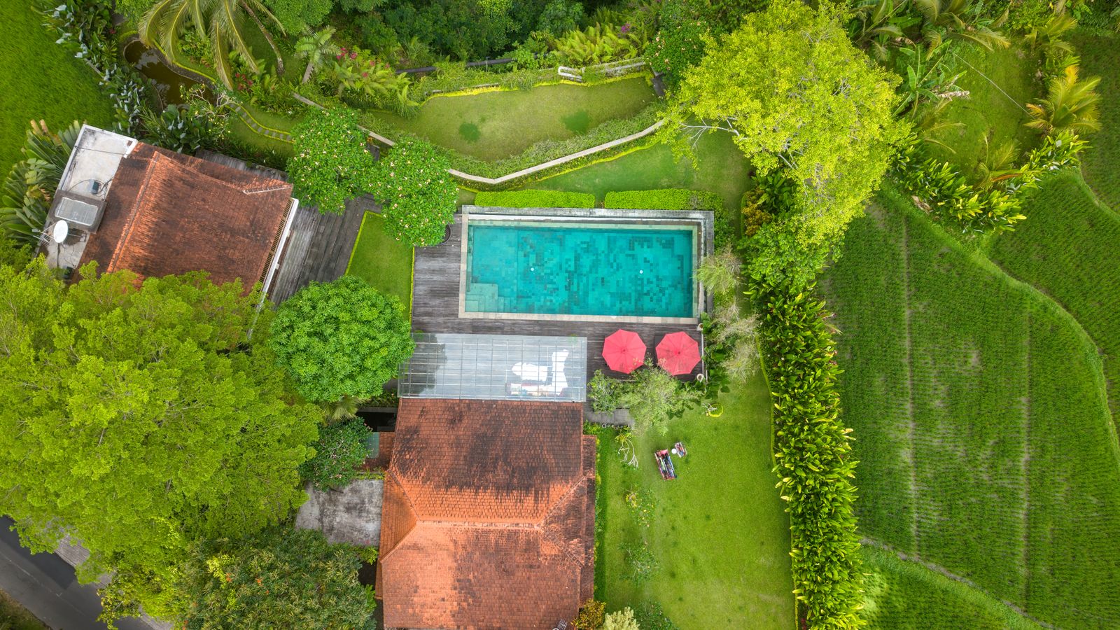 Foto udara ilustrasi villa dan kolam renang di tengah pepohonan